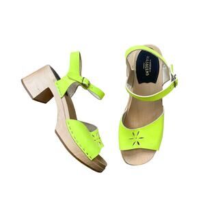Swedish Hasbeens Mirja Wooden Heeled Clog Sandals Retro Chunky Green US 9